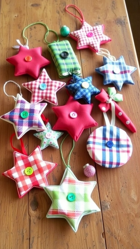 A variety of handmade Christmas ornaments from old shirts in different shapes and colors on a wooden table.